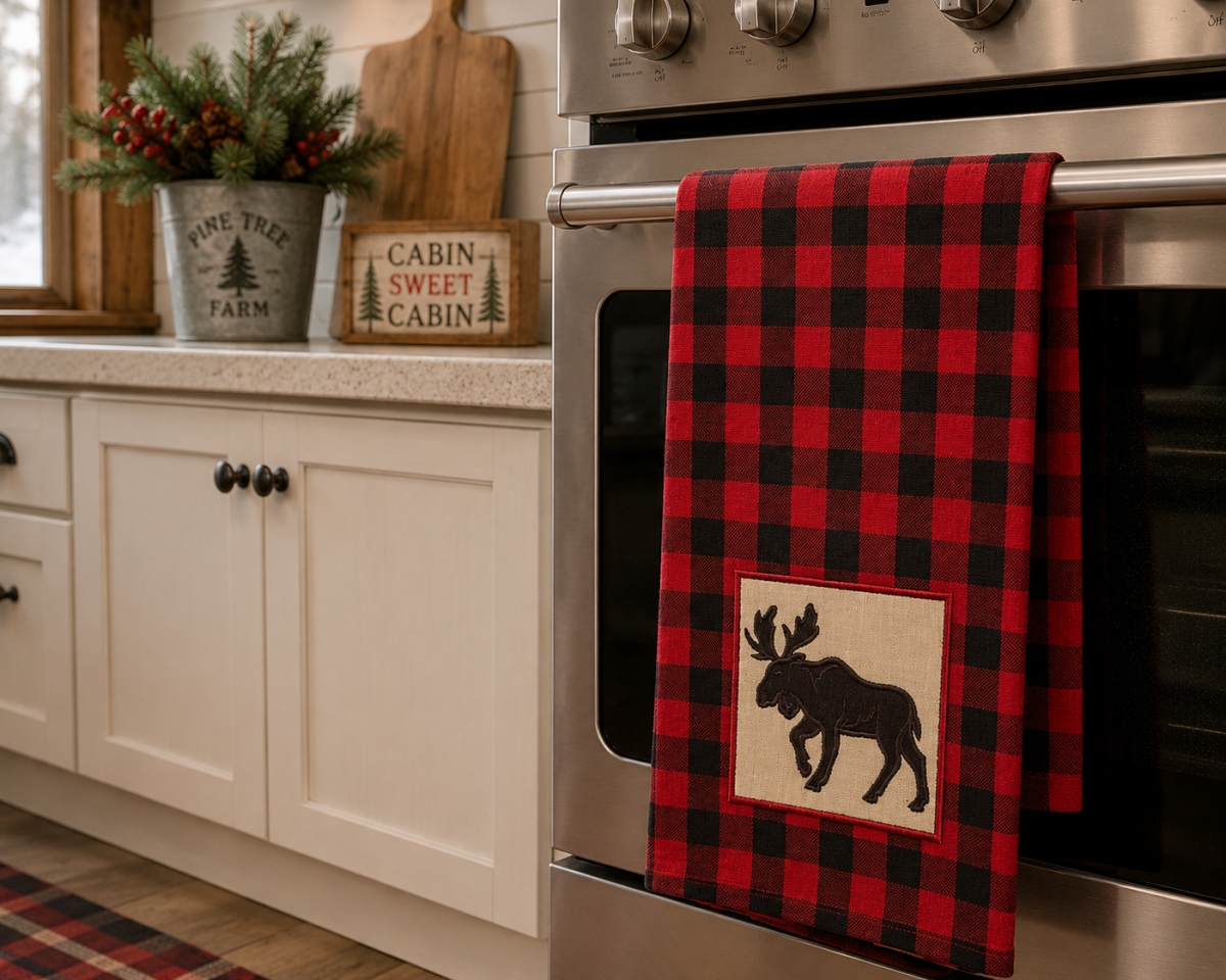 AG-30620 Set Of 4 Buffalo Red Plaid With Moose Kitchen Towel