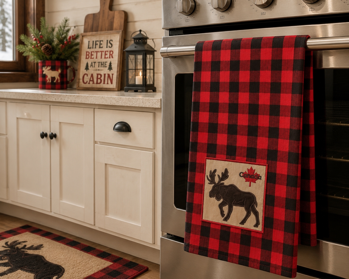 AG-30620C Set Of 4 Buffalo Red Plaid With Moose & Maple Leaf Kitchen Towel