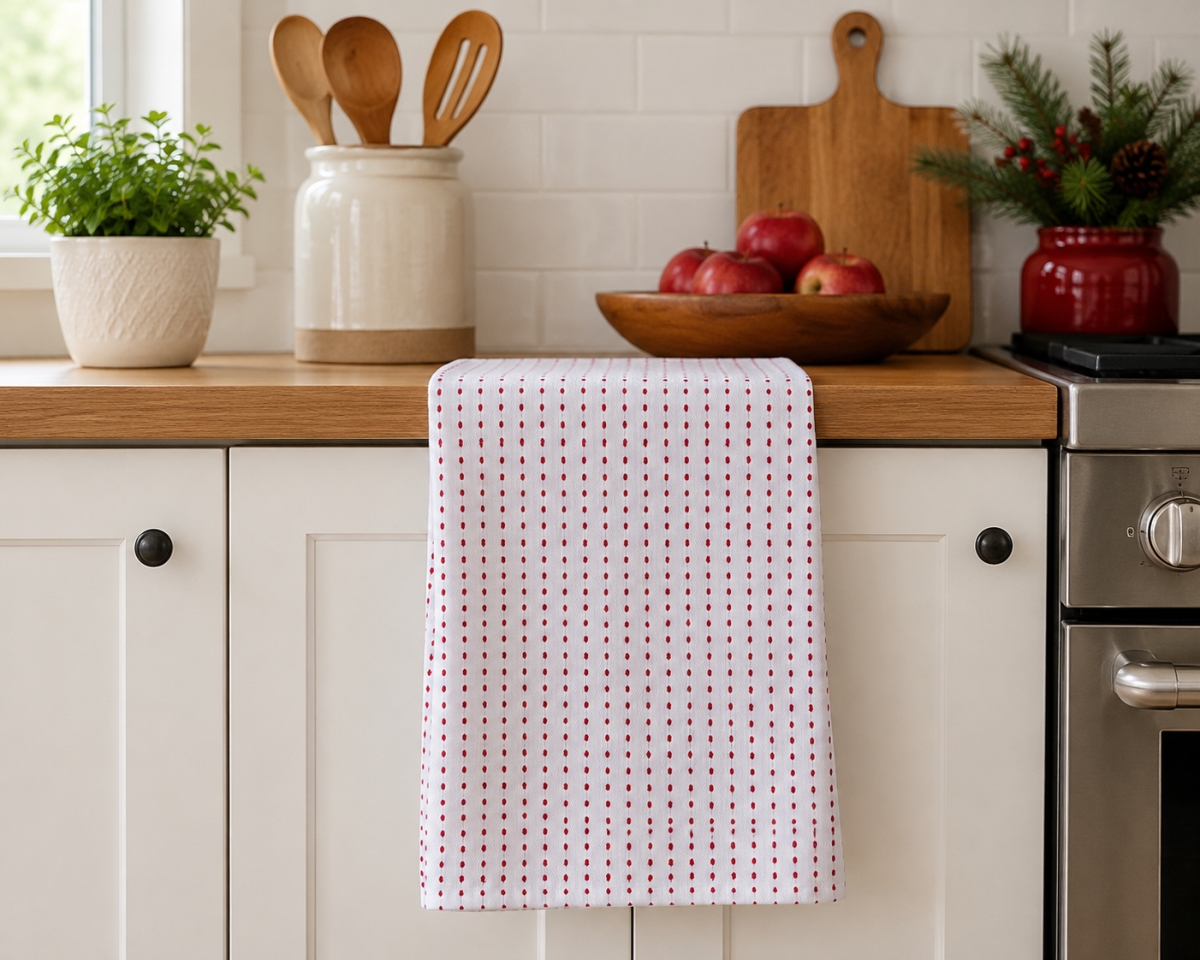 AG-30642 Set Of 4 Cherry Red Dots On White Kitchen Towel
