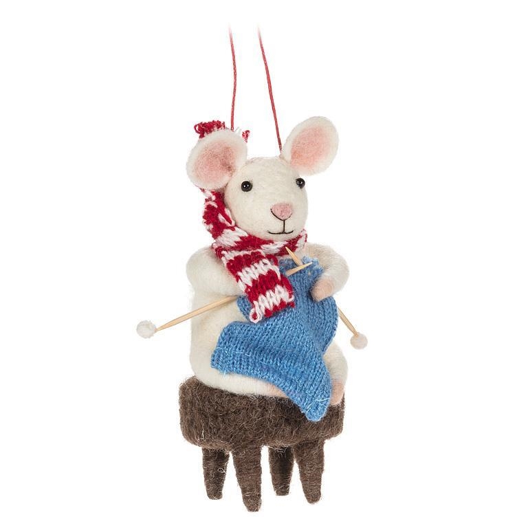 AB-27-MERINO-029 Knitting Mouse On Stool Ornament