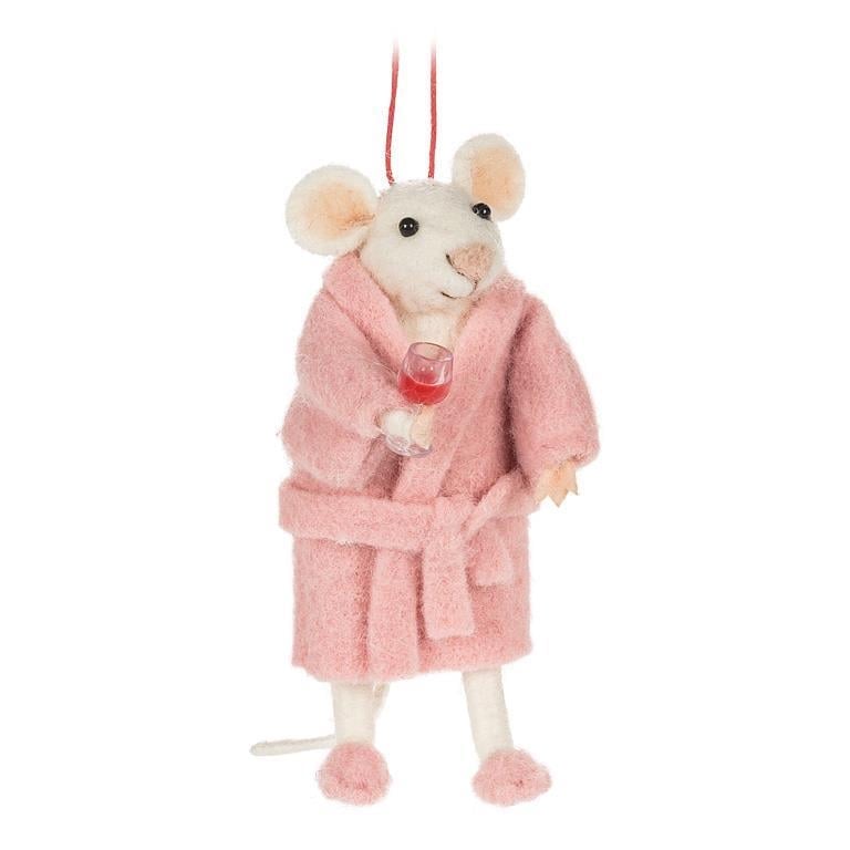 AB-27-MERINO-021 Mouse With Bathrobe- Slippers And A Glass Of Wine Ornament