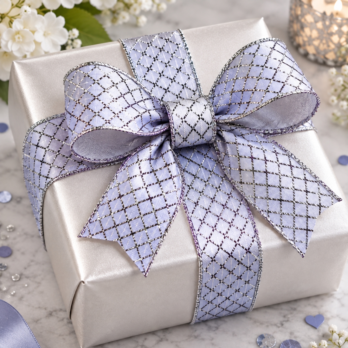 AI-RI091123 1.5'X25Yds Wired Silver Metallic Lame With Diamond Pattern Detailing Wired Ribbon