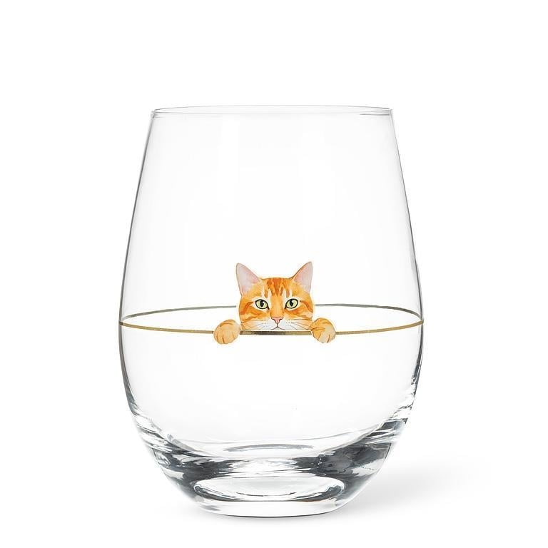 AB-27-CHAT-02 Peeking Ginger Cat Stemless Wine Glass