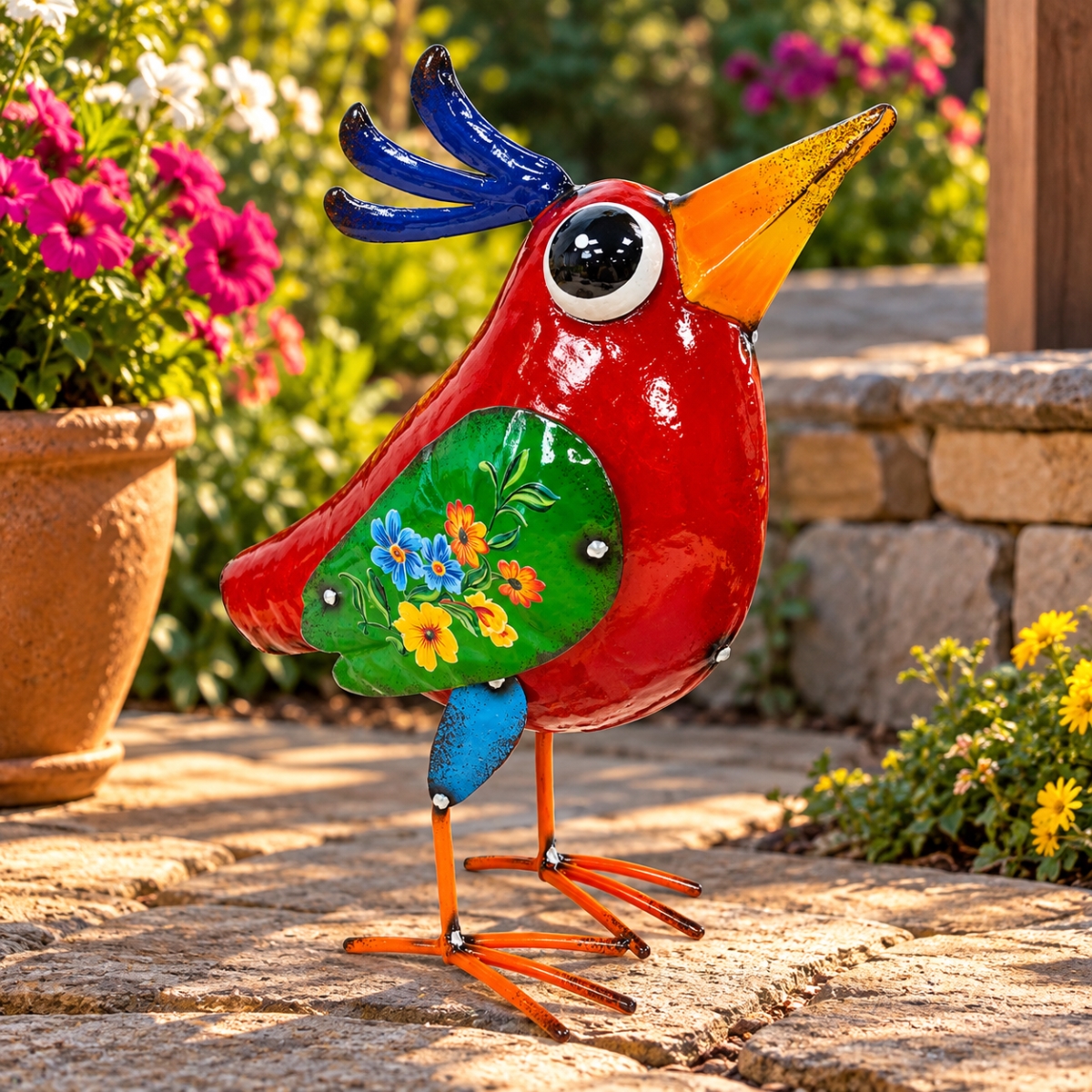 AI-GG9682 Red Bird With Floral Patterned Wings Garden Sculpture
