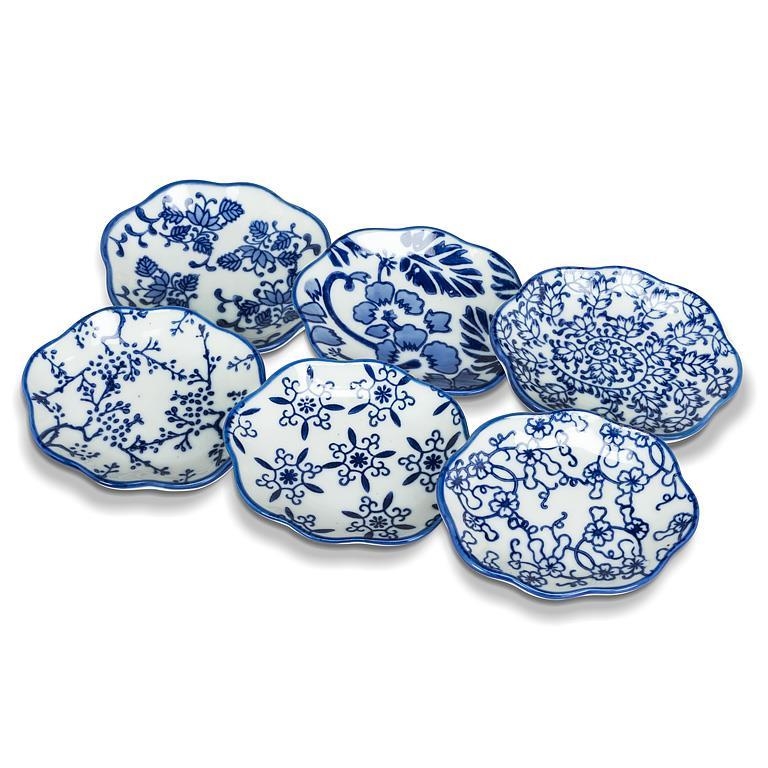 AB-27-INDIGO-208 Set Of 6 Assorted Patterns Small Scalloped Oval Plate