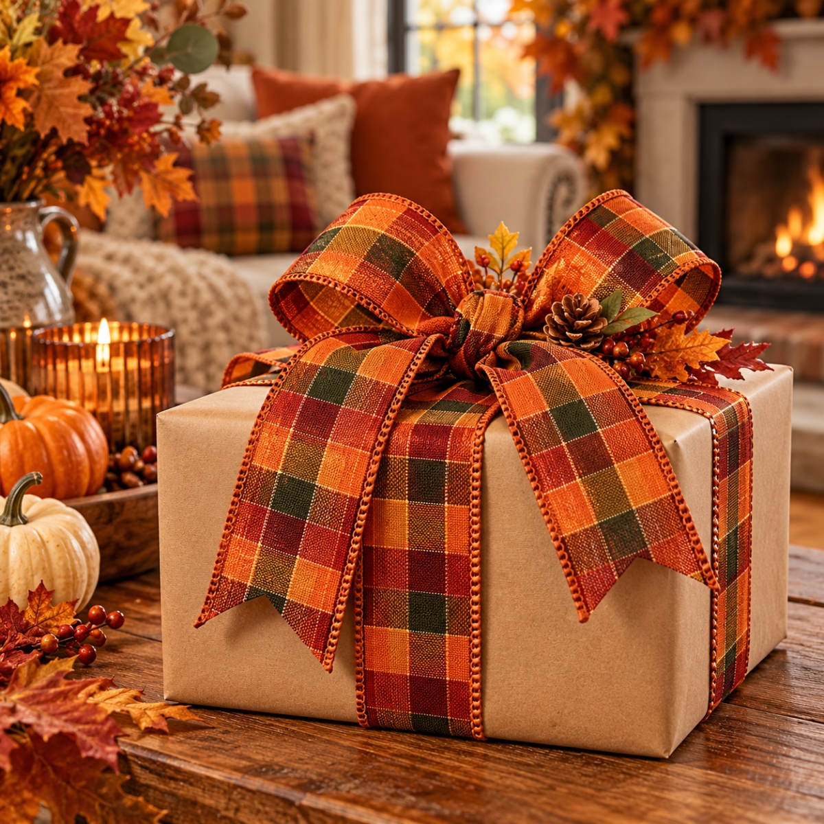 AI-6034017 2.5'X50Yds Orange Harvest Plaid Wired Ribbon