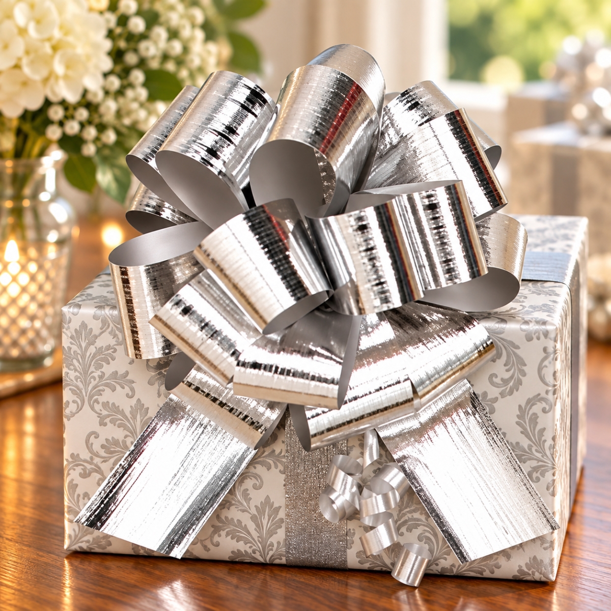 Set Of 50 5'D Metallic Silver With 18 Loops Pull Bow