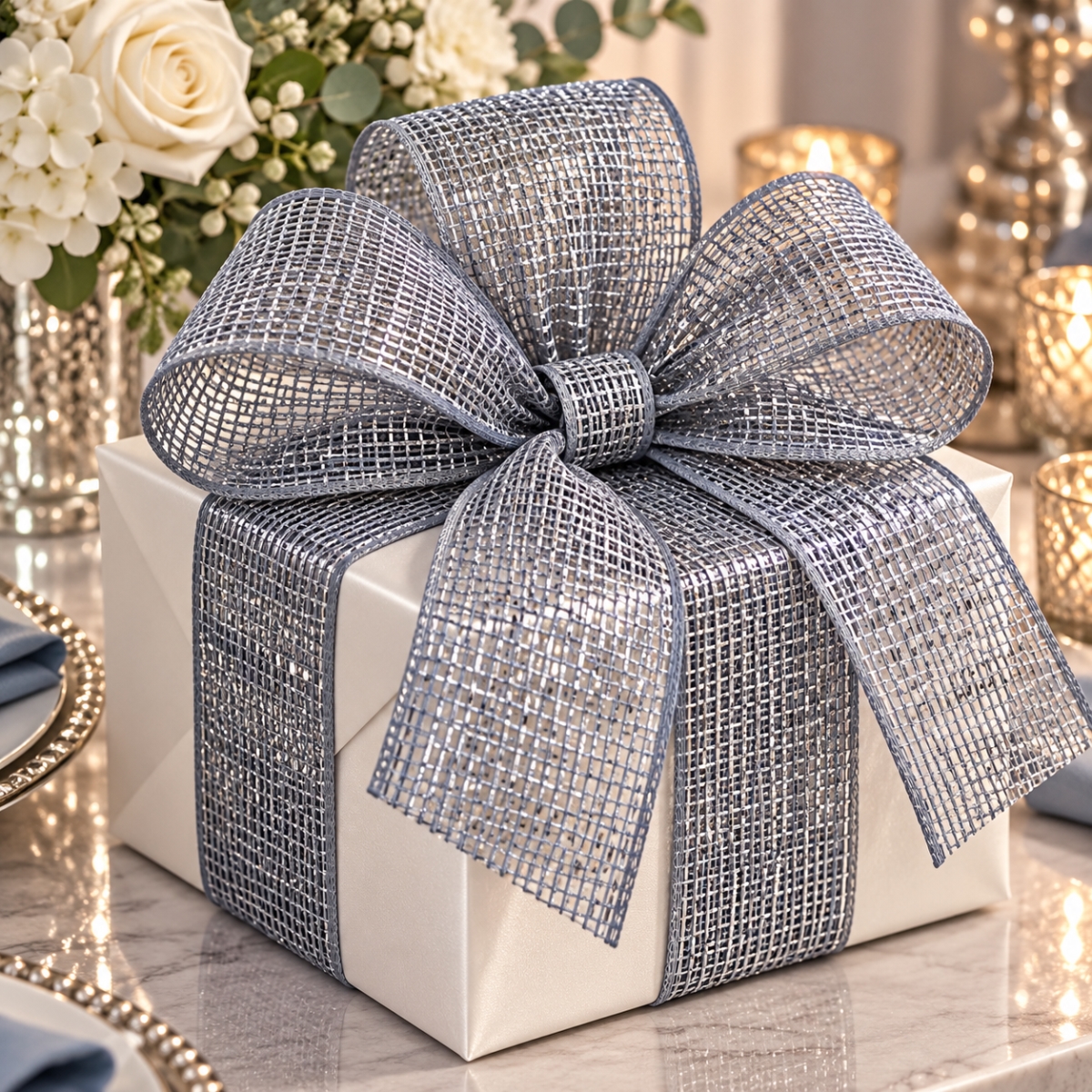 AI-5908100061 4'X25Yds Metallic Silver Mesh Ribbon