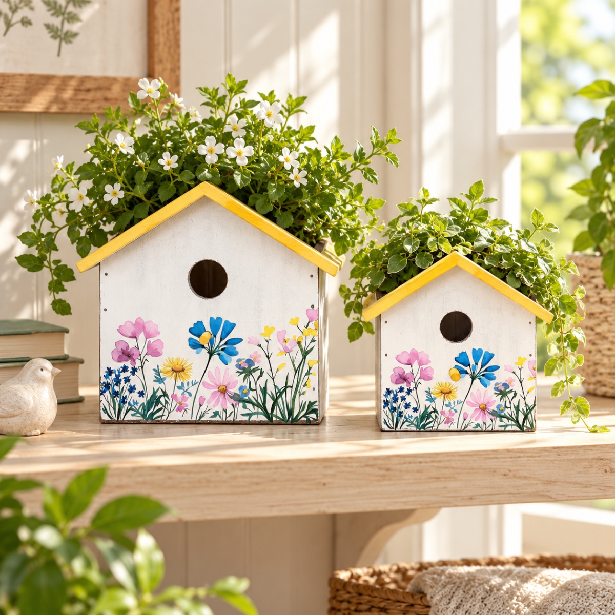 AI-3434-4045 Set Of 2 Floral Pattern Birdhouse Shaped Planters