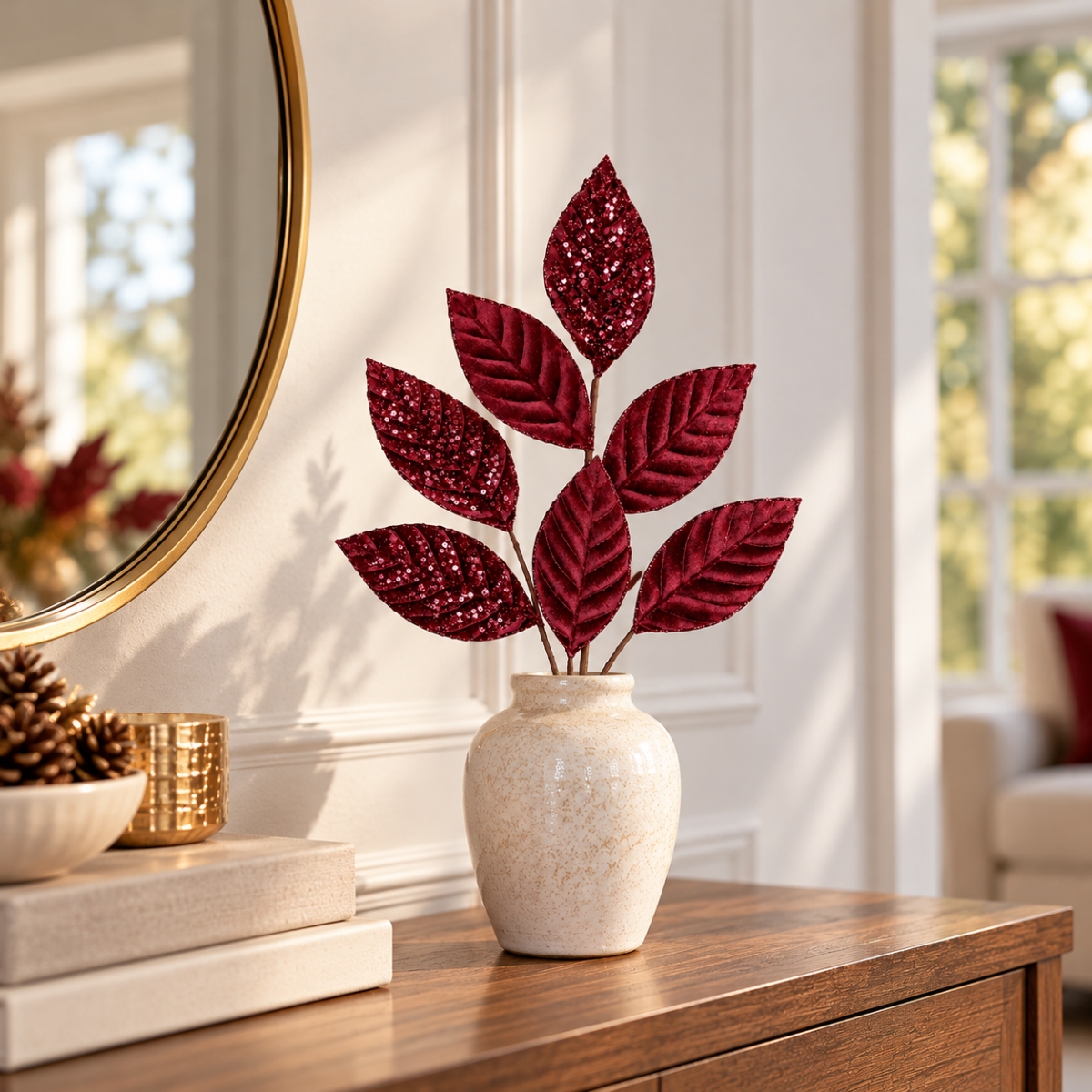 AI-FL7258BUR Burgundy Christmas Leaf Spray Pick