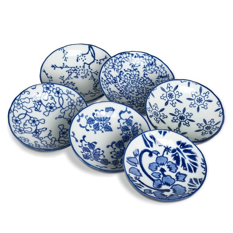 AB-27-INDIGO-209 Set Of 6 Assorted Patterns Round Shallow Plate