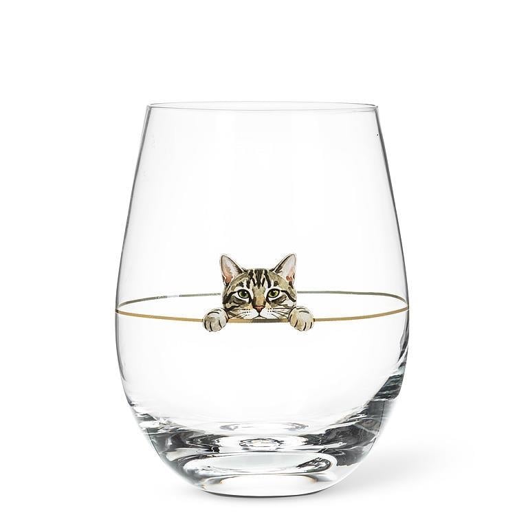 AB-27-CHAT-03 Peeking Tabby Cat Stemless Wine Glass