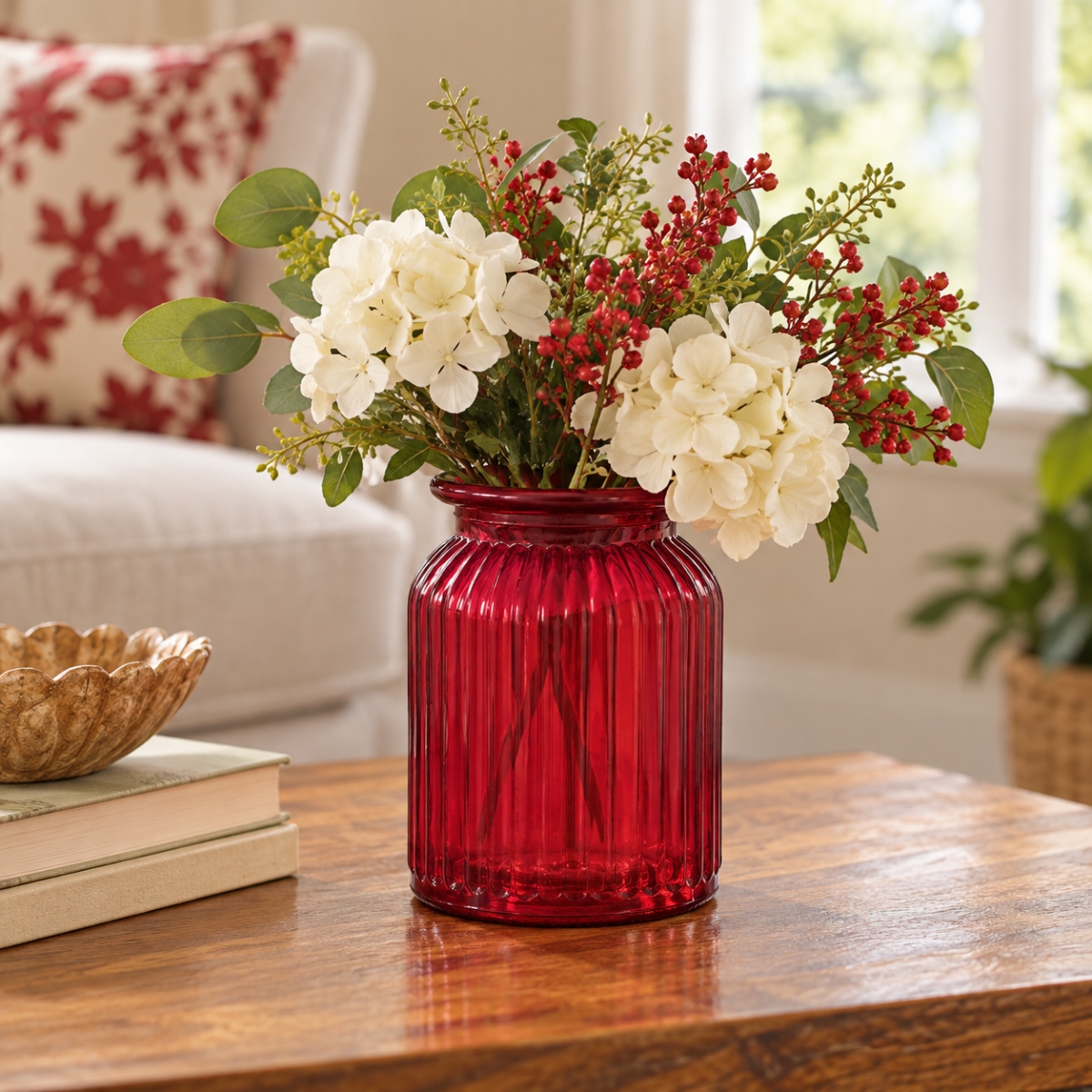 AI-N3650-2666 Cranberry Red Ribbed Jar Vase