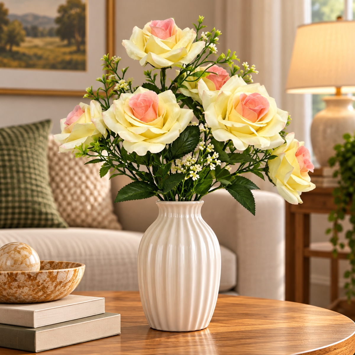 AI-FL7178 Cream And Pink Rose Bouquet Artificial Flowers