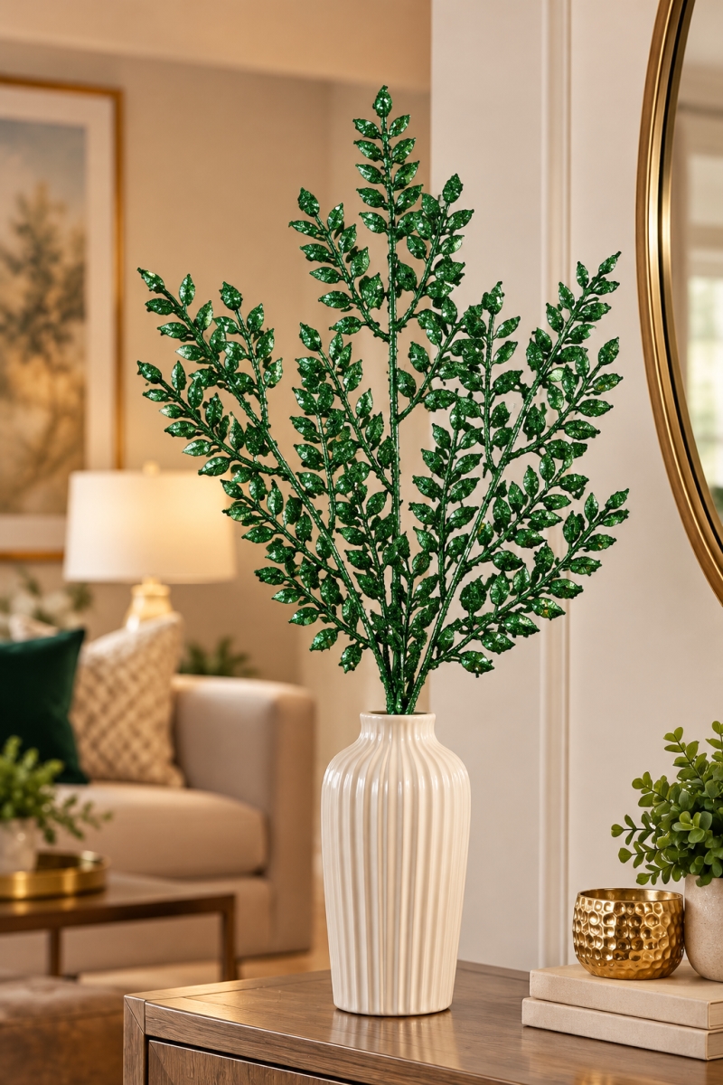 AI-FL7221GRE Glitter Forest Green Leaf Spray Pick