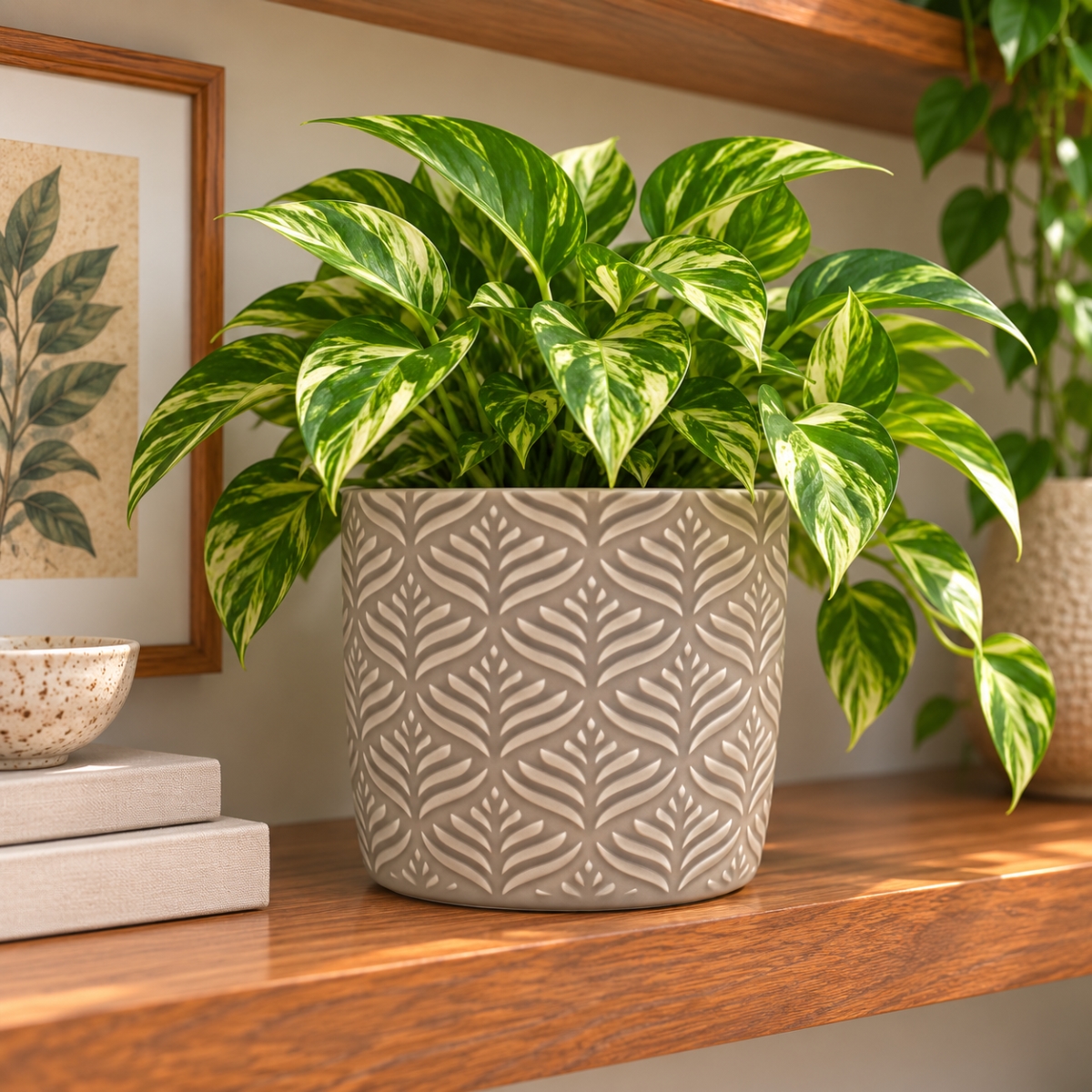 AI-CE07-390 Creamy Gray Leaf Patterned Pot