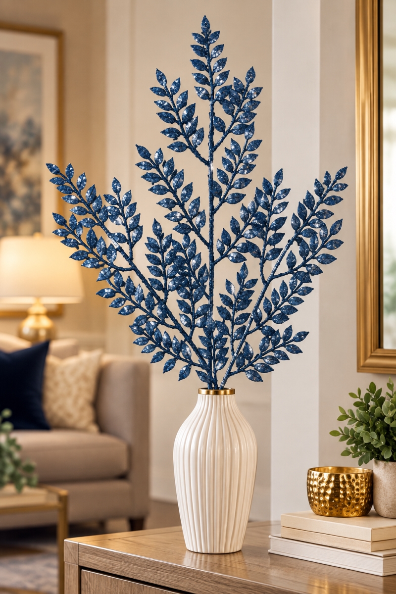 AI-FL7221BLU Glitter Blue Leaf Spray Pick