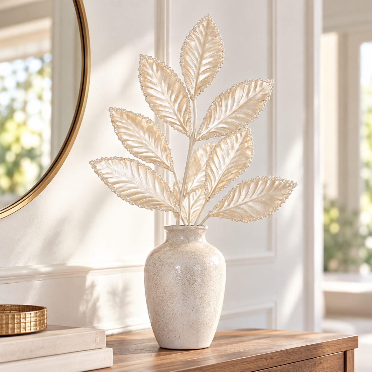 AI-FL7257WH Pearl White Christmas Leaf Spray Pick