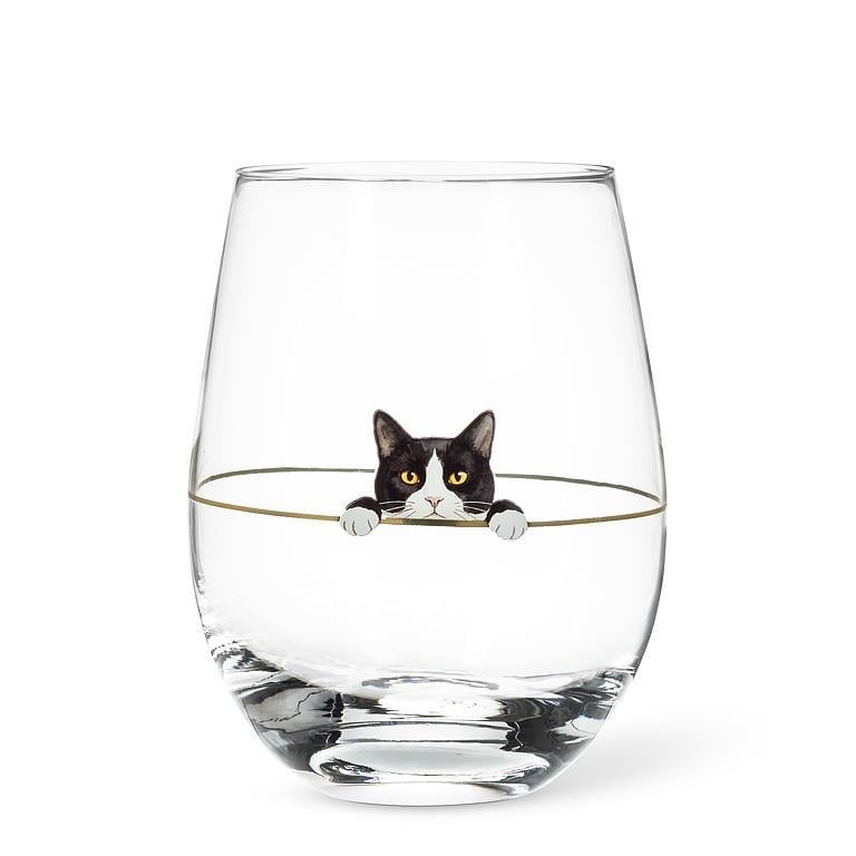 AB-27-CHAT-01 Peeking Black And White Cat Stemless Wine Glass