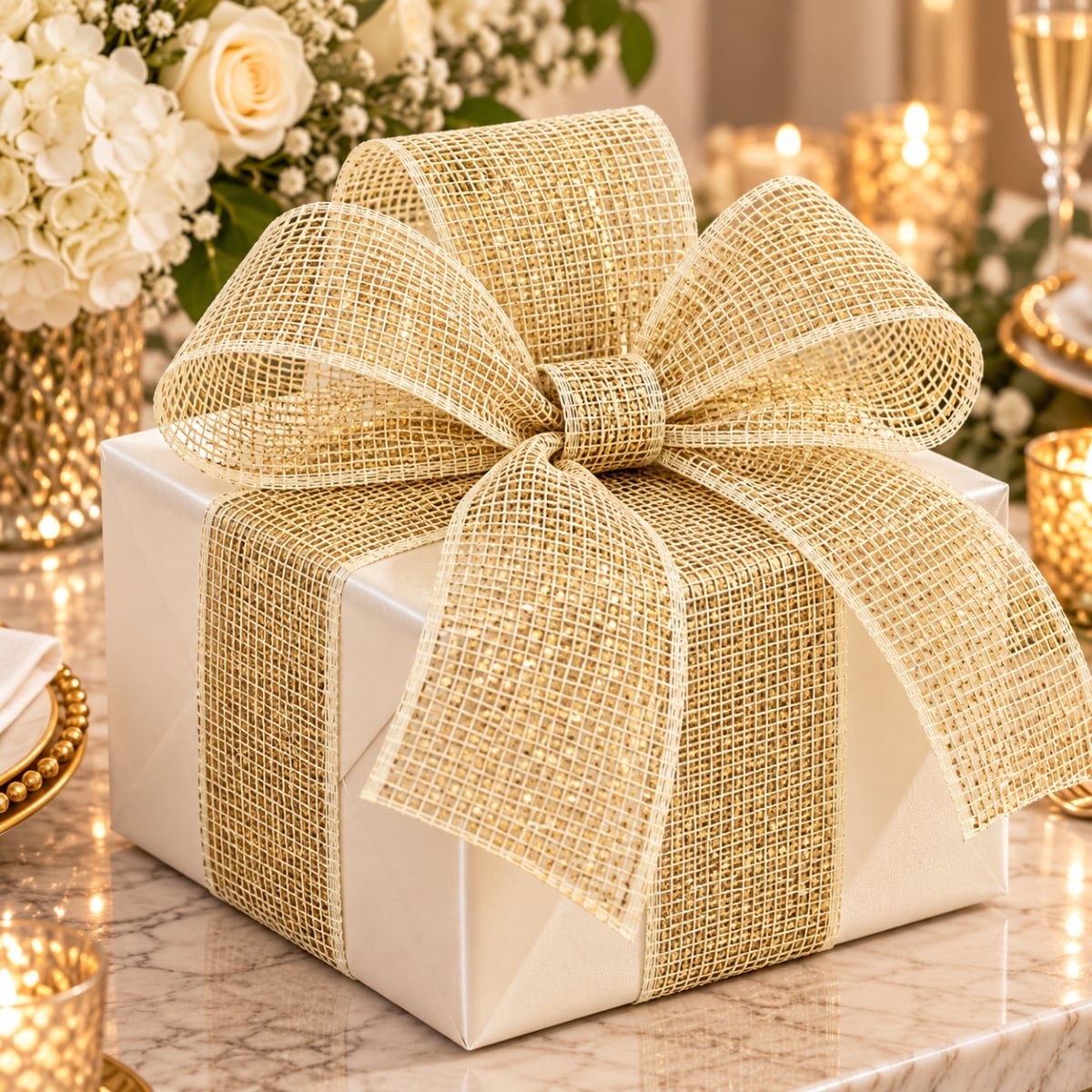 AI-5908100051 4'X25Yds Ivory Metallic Mesh Ribbon