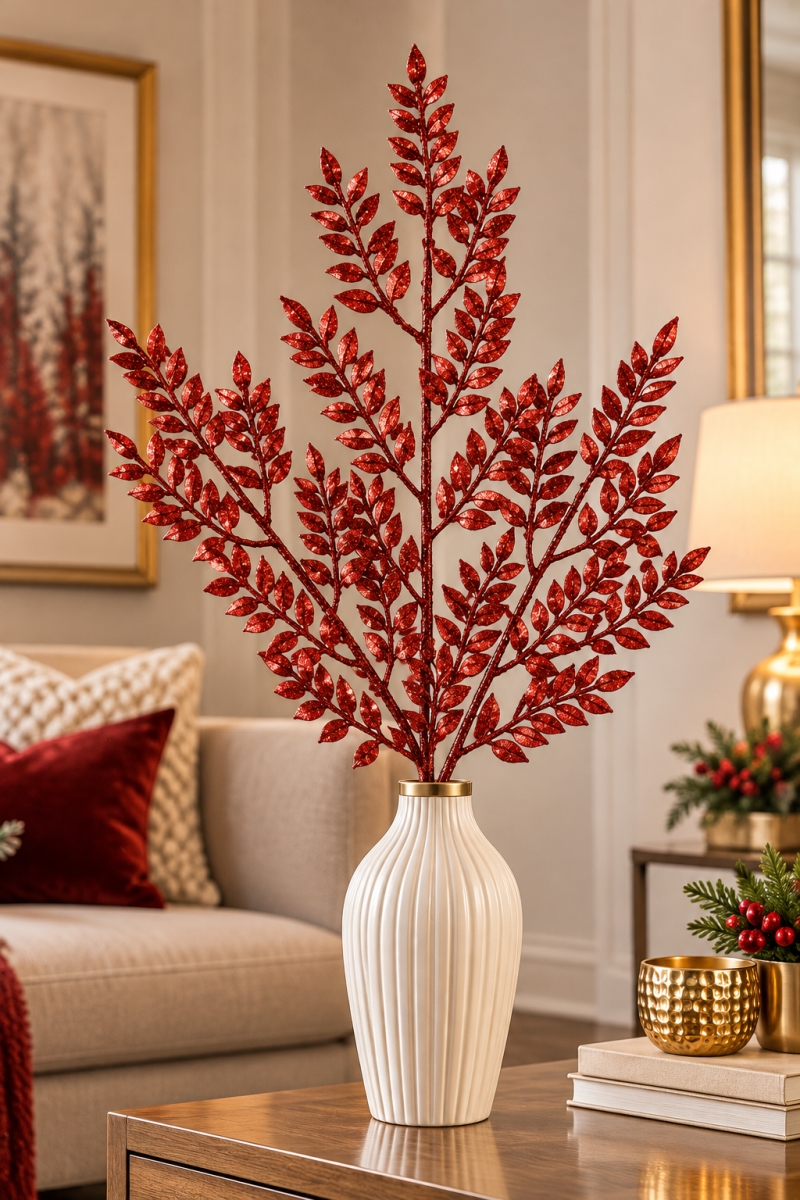 AI-FL7221RED Glitter Holiday Red Leaf Spray Pick