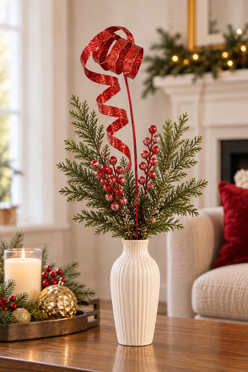 AI-FL7231RED Red Glitter Curly Ribbon Pick