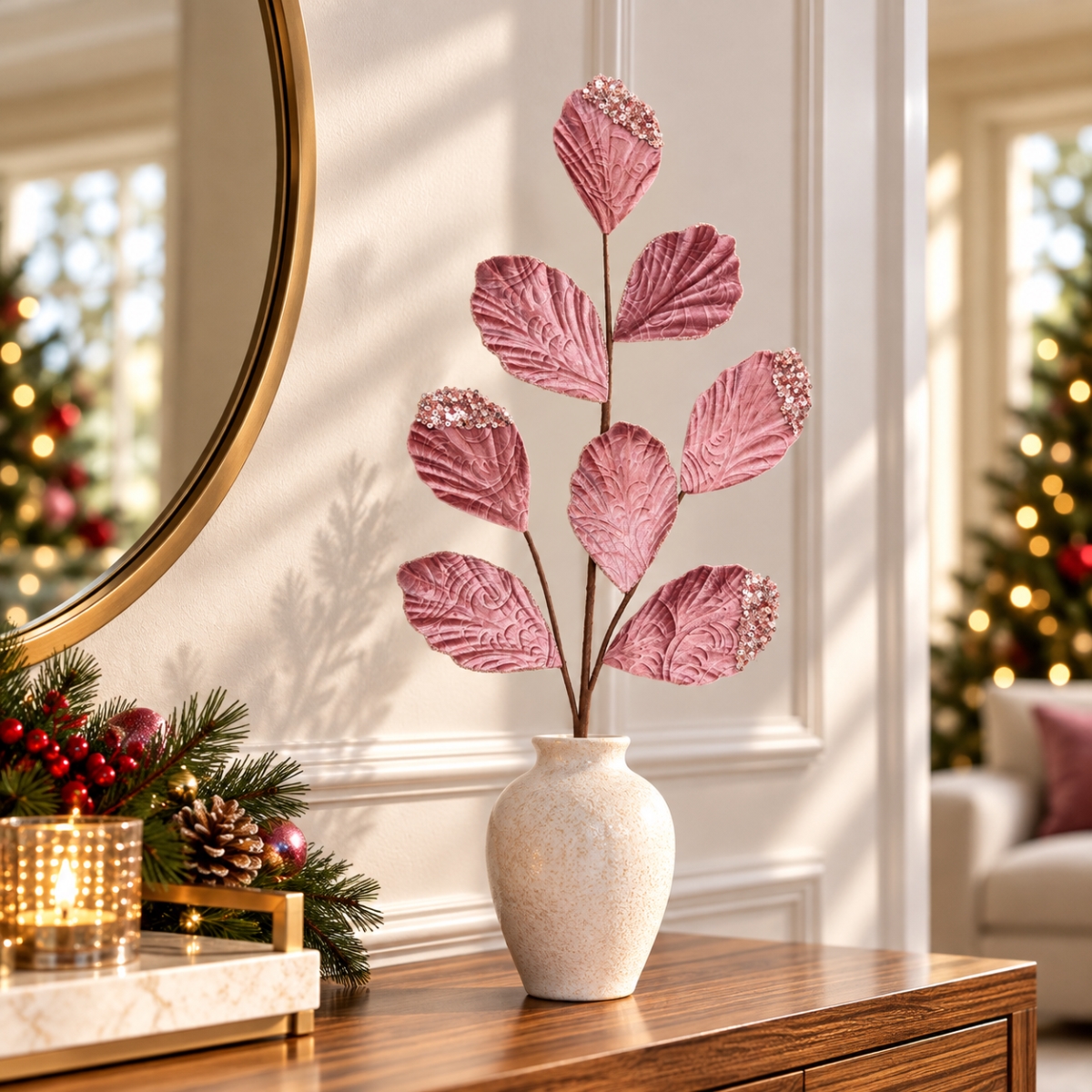 AI-FL7264PI Antique Pink Christmas Leaf Spray Pick