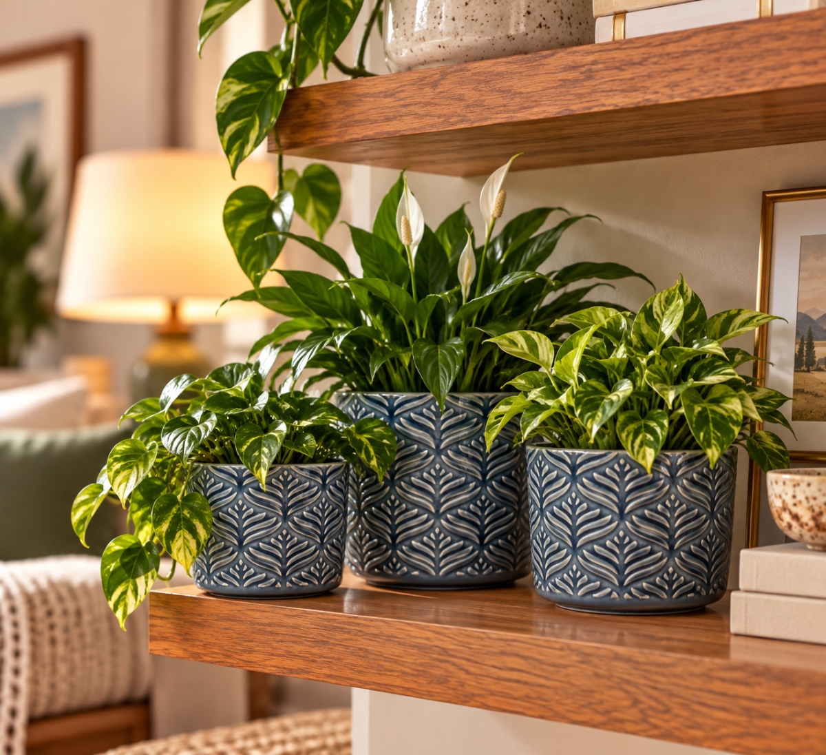 AI-CE206-391 Set Of 3 Blue Leaf Pattern Pot