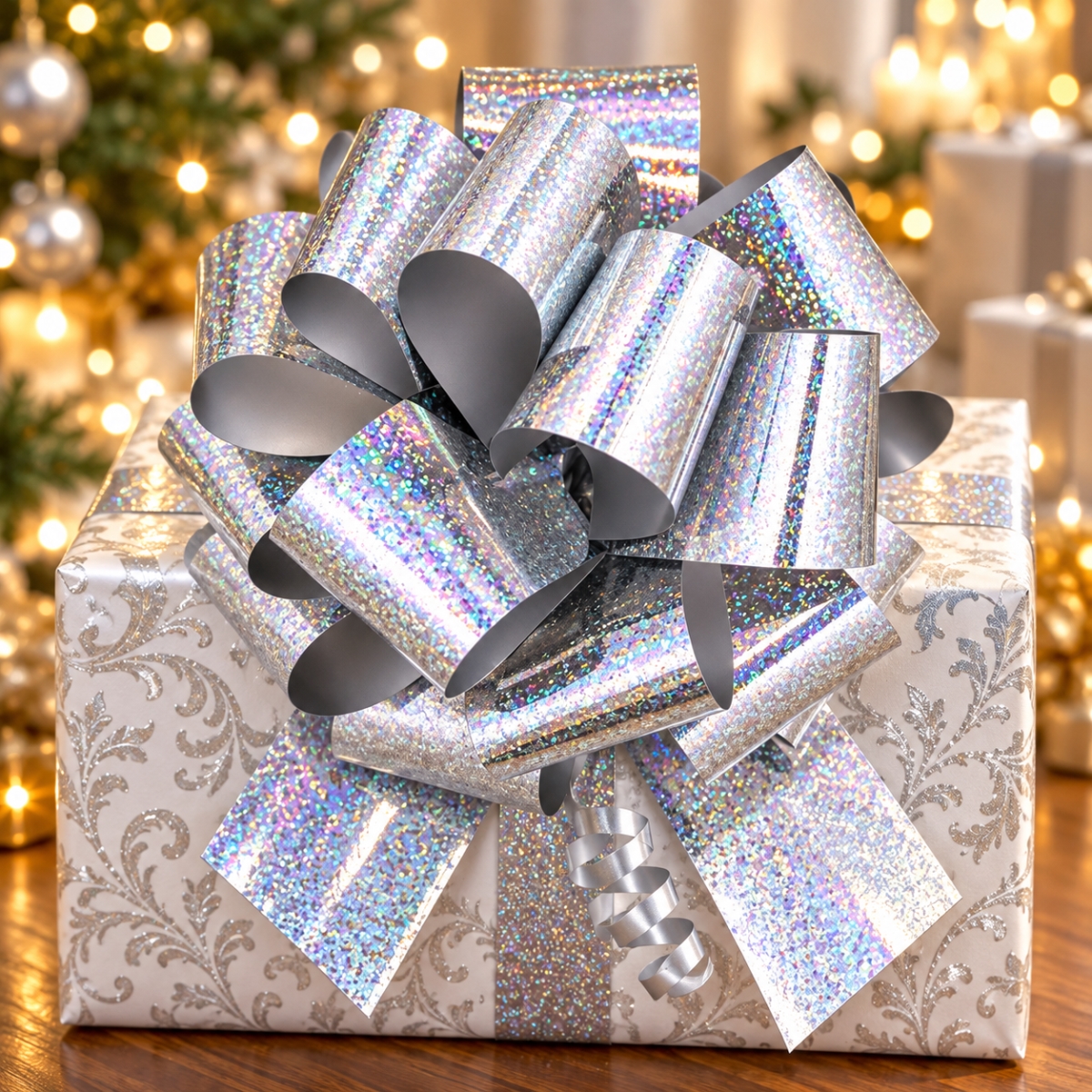 Set Of 50 7'D Metallic Silver Holographic Pull Bow