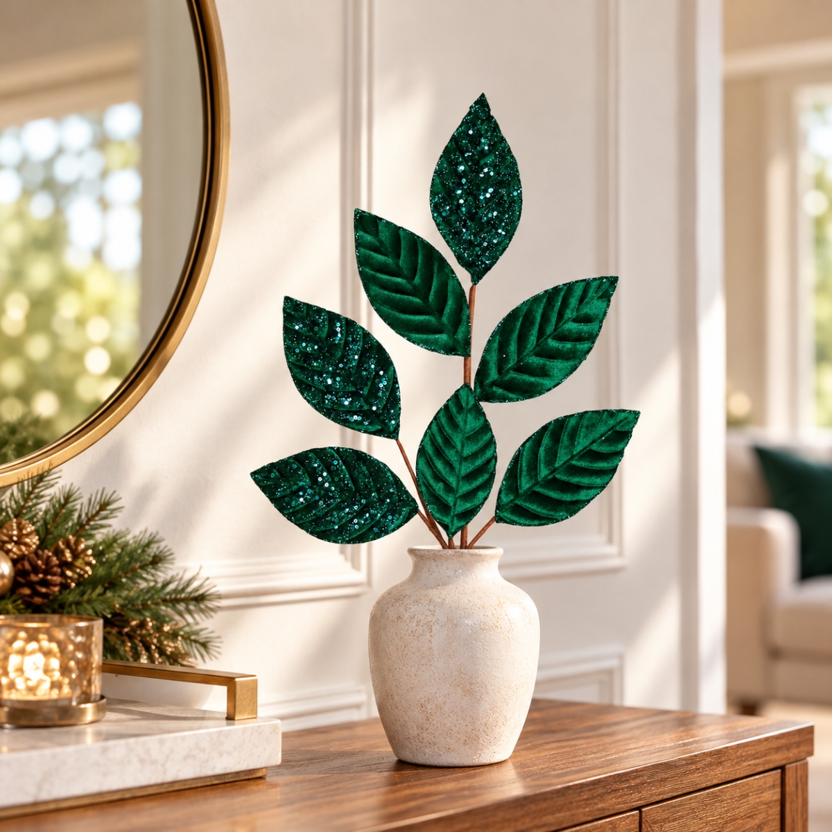 AI-FL7258GRE Emerald Green Glitter And Plain Christmas Leaf Spray Pick