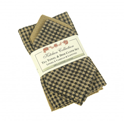 2 Tea Towels Plus 2 Dish Cloths Set, Star Black Check