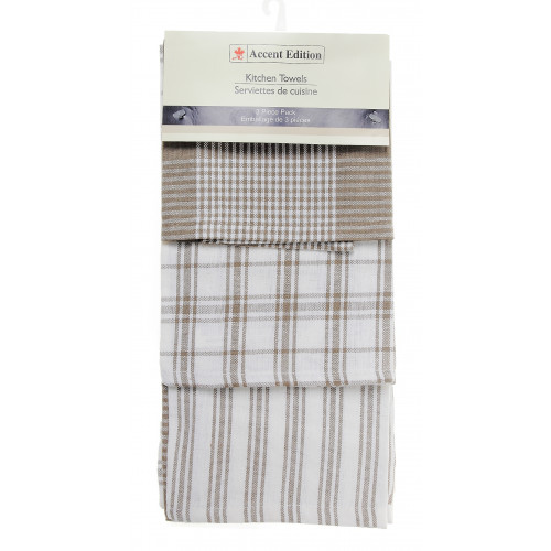 3 Piece Tea Towels Set, Beige Check