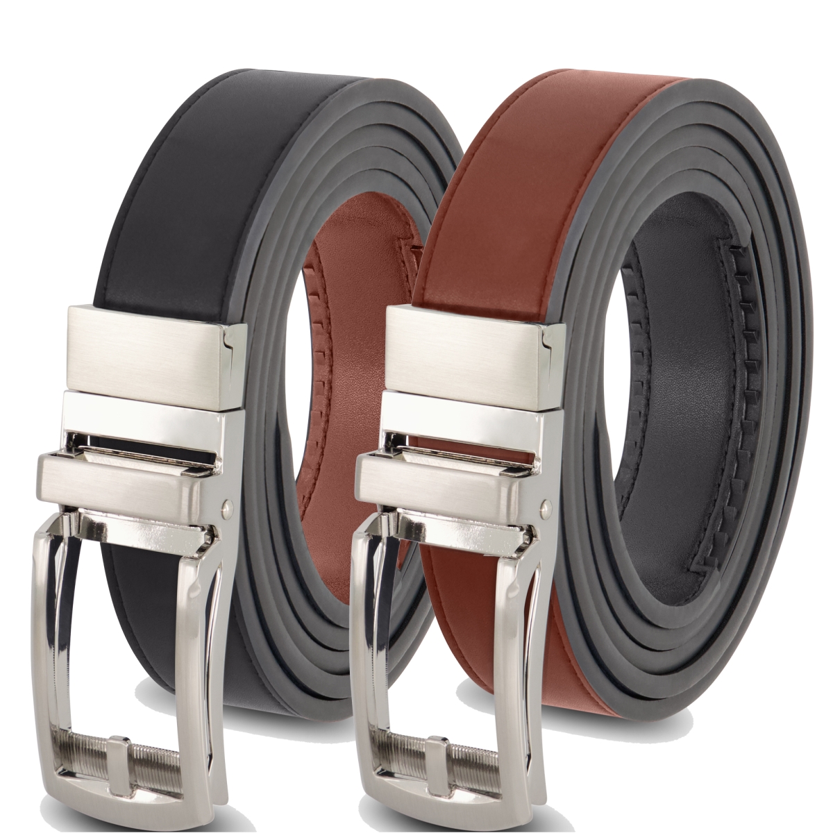 BCS Mens Leather Reversible Ratchet Belt with Silver Buckle, Black & Cognac -  Mark Fred