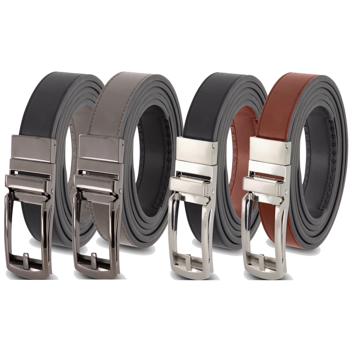 BCSBGB Mens Leather Reversible Ratchet Belt with Silver & Black Buckle - Black & Grey Strap, Black & Cognac -  Mark Fred