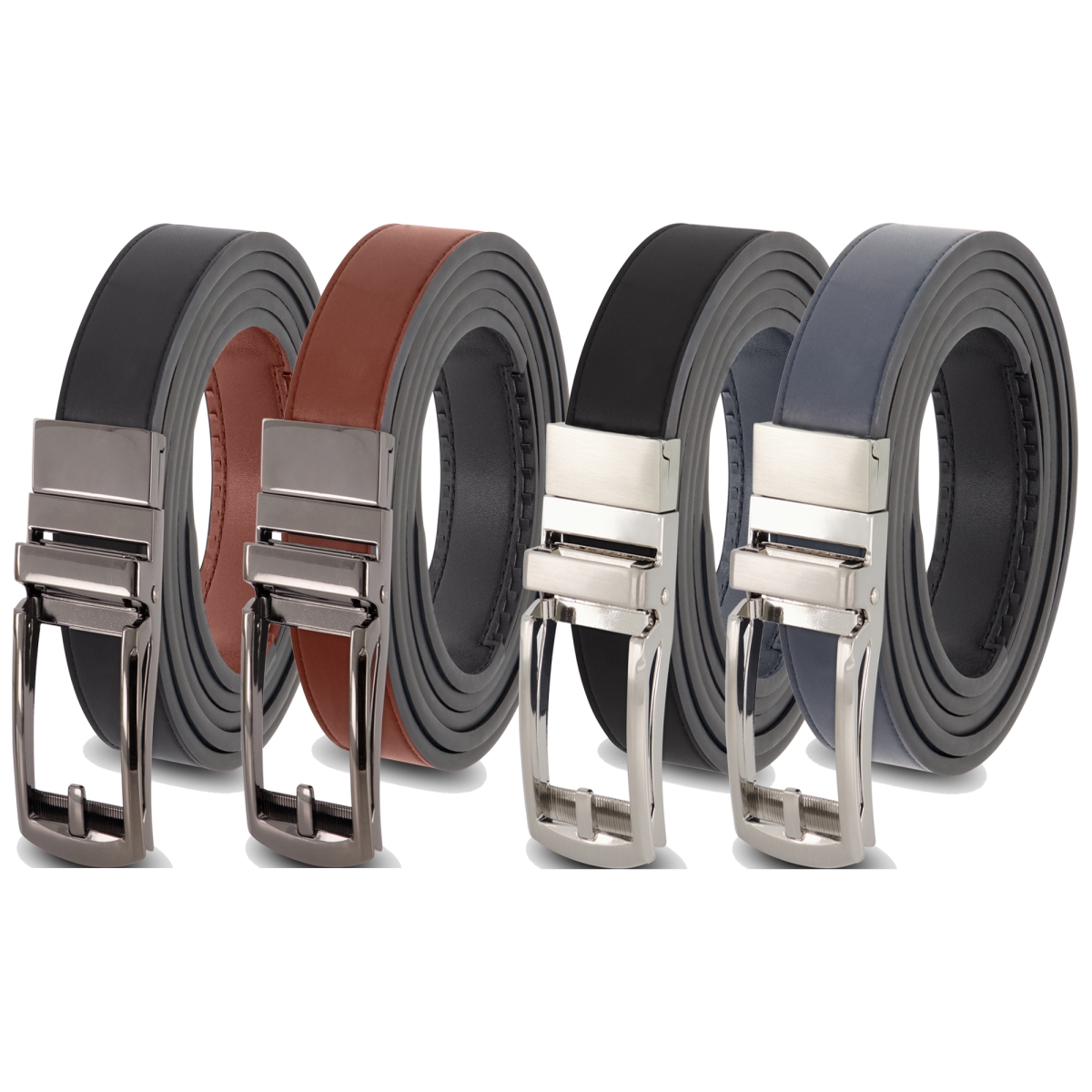 BCBBNS Mens Leather Reversible Ratchet Belt with Black & Silver Buckle - Black & Navy Strap, Black & Cognac -  Mark Fred