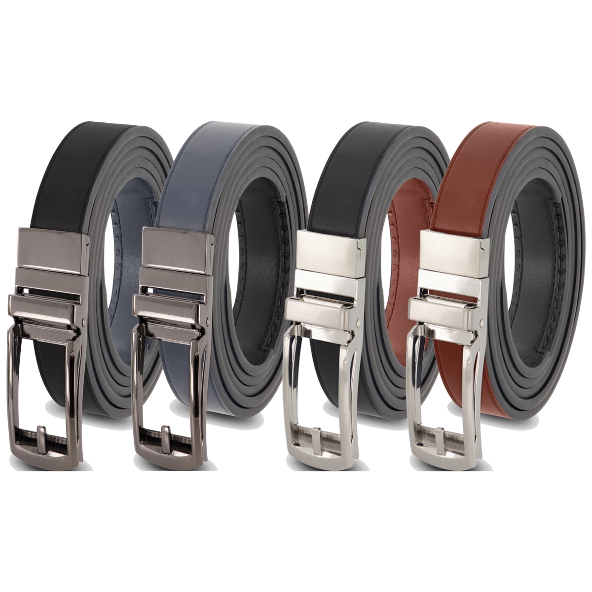 BCSBNB Mens Leather Reversible Ratchet Belt with Silver & Black Buckle - Black & Navy Strap, Black & Cognac -  Mark Fred