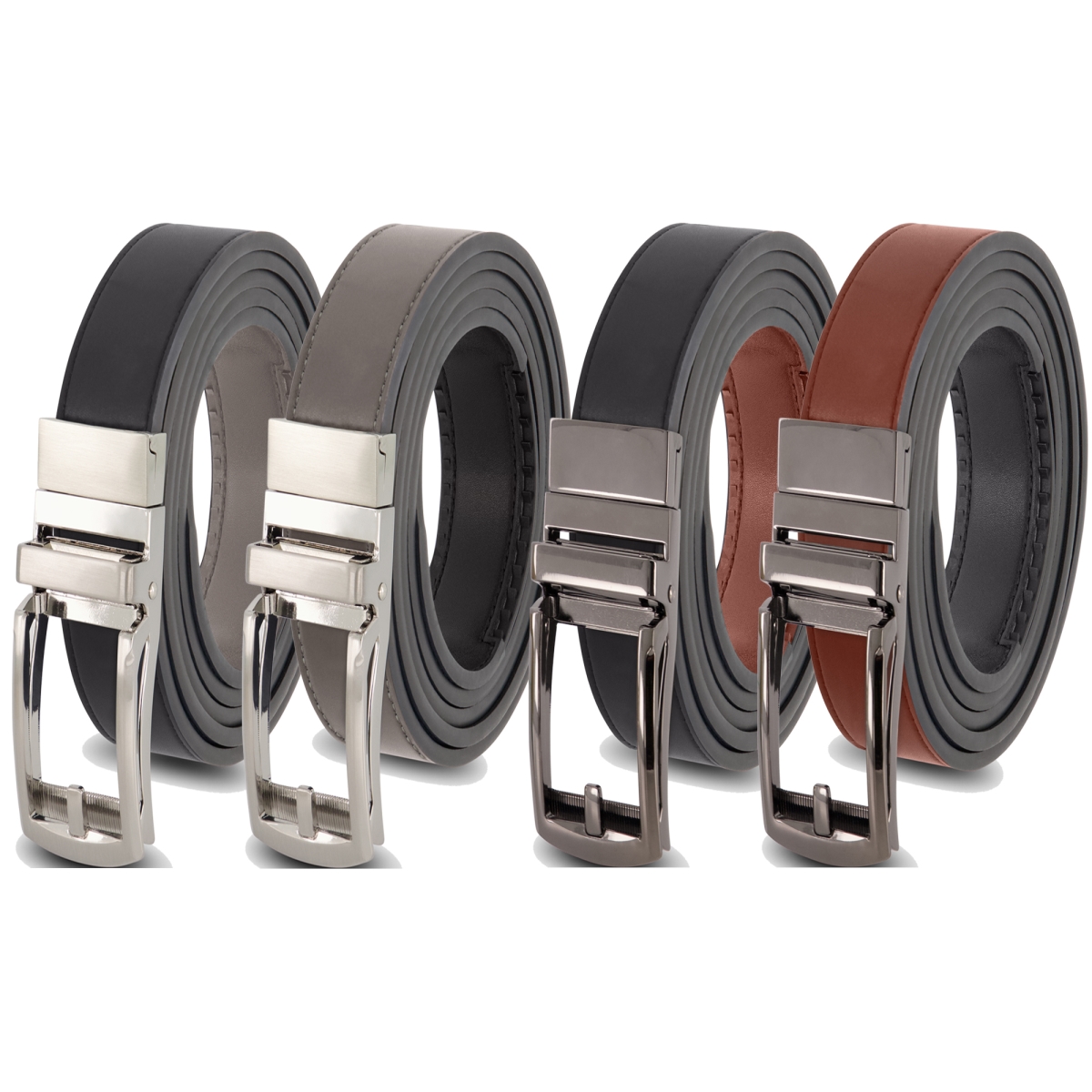 BCBBGS Mens Leather Reversible Ratchet Belt with Black & Silver Buckle - Black & Grey Strap, Black & Cognac -  Mark Fred