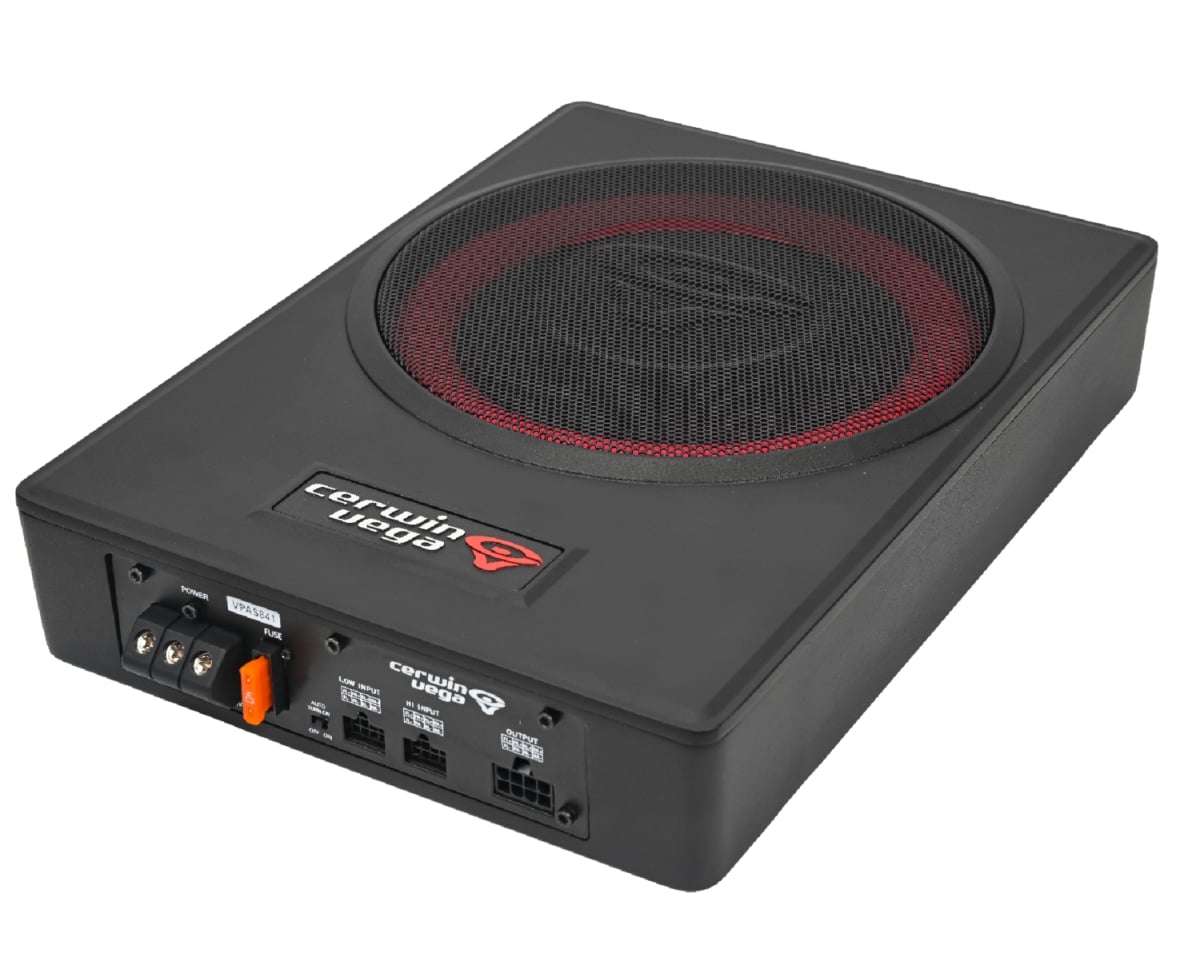 Cerwin Vega VPAS841 8 in. Under-Seat Bass Solution Compact Powered Subwoofer with Vega Bass Plus 4-Channel Output for Addtional Speaker - 100W RMS