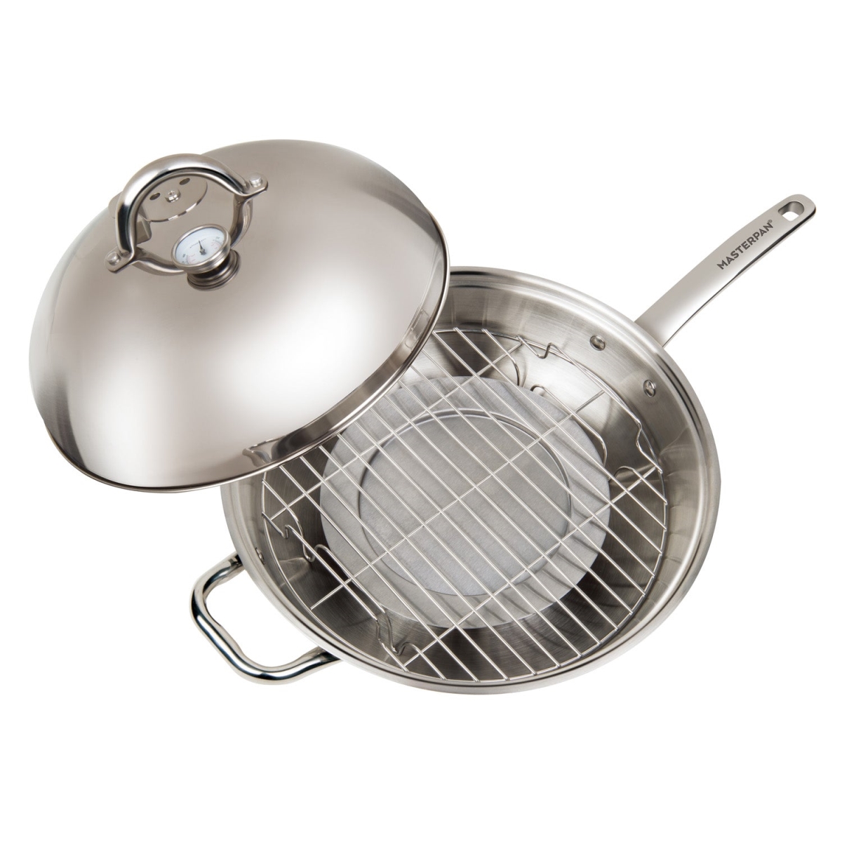 Picture of Masterpan MP-129 13 in. Stovetop Multi-Use 4-1 Smoker Wok&#44; Stainless Steel