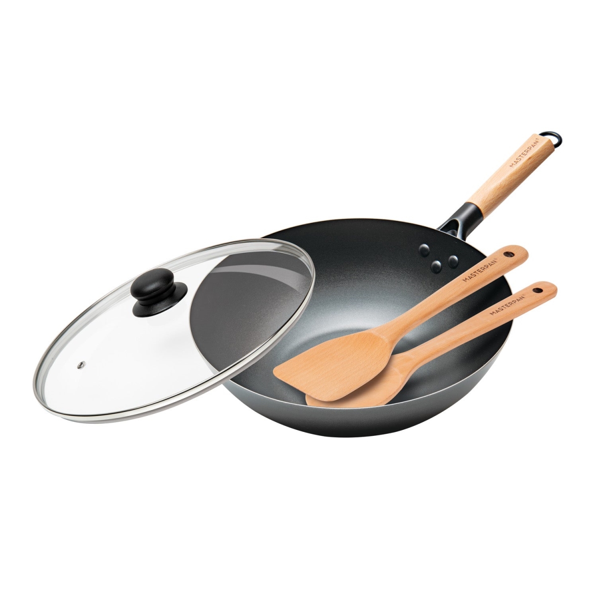 Picture of Masterpan MP-174 12 in. Carbon Steel Wok with Glass Lid & Wooden Utensils&#44; Non-Stick Flat Bottom Asian Stir-Fry Cookware with Wooden Handle