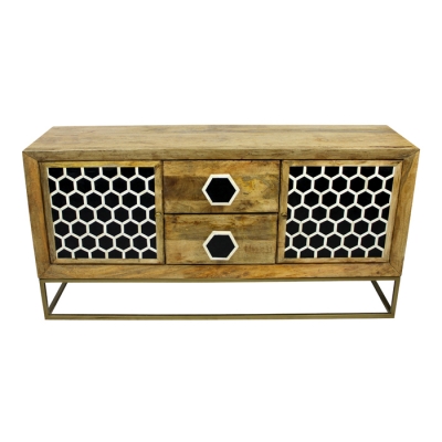 Nolan 2 Drawer 2 Door Sideboard in Solid Wood with Bone inlay & Iron Base