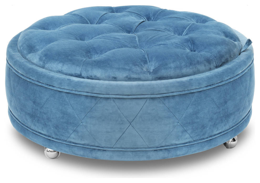 88003013 Barnum Storage Ottoman in Blue with Chrome Wheels