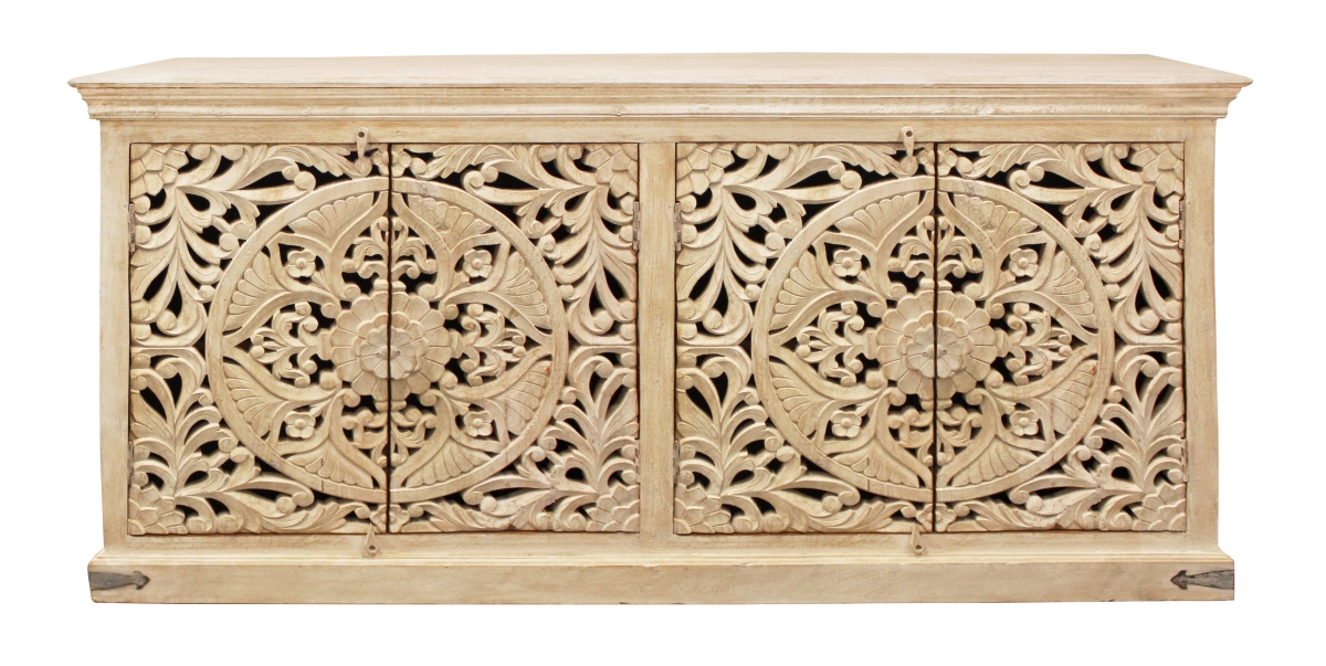 Mango Solid Wood Carter Flores 4-Door Sideboard, Distressed White