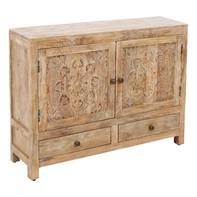 Weatherly 2 Handcarved Doors 2 Drawers Accent Cabinet, Natural