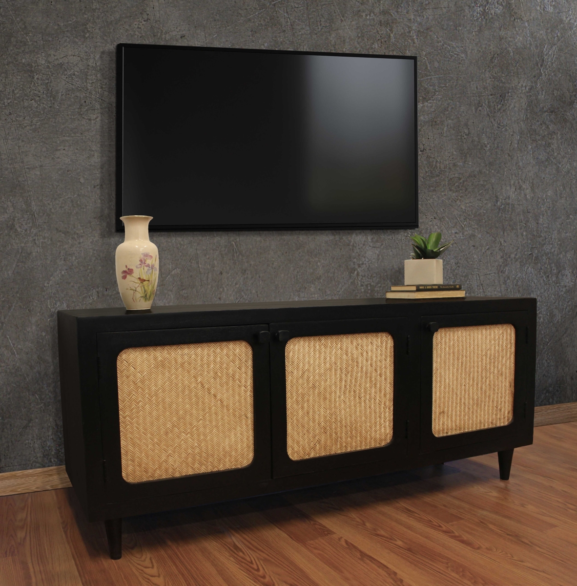 Navice 3-Door Plasma Stand, Natural & Black