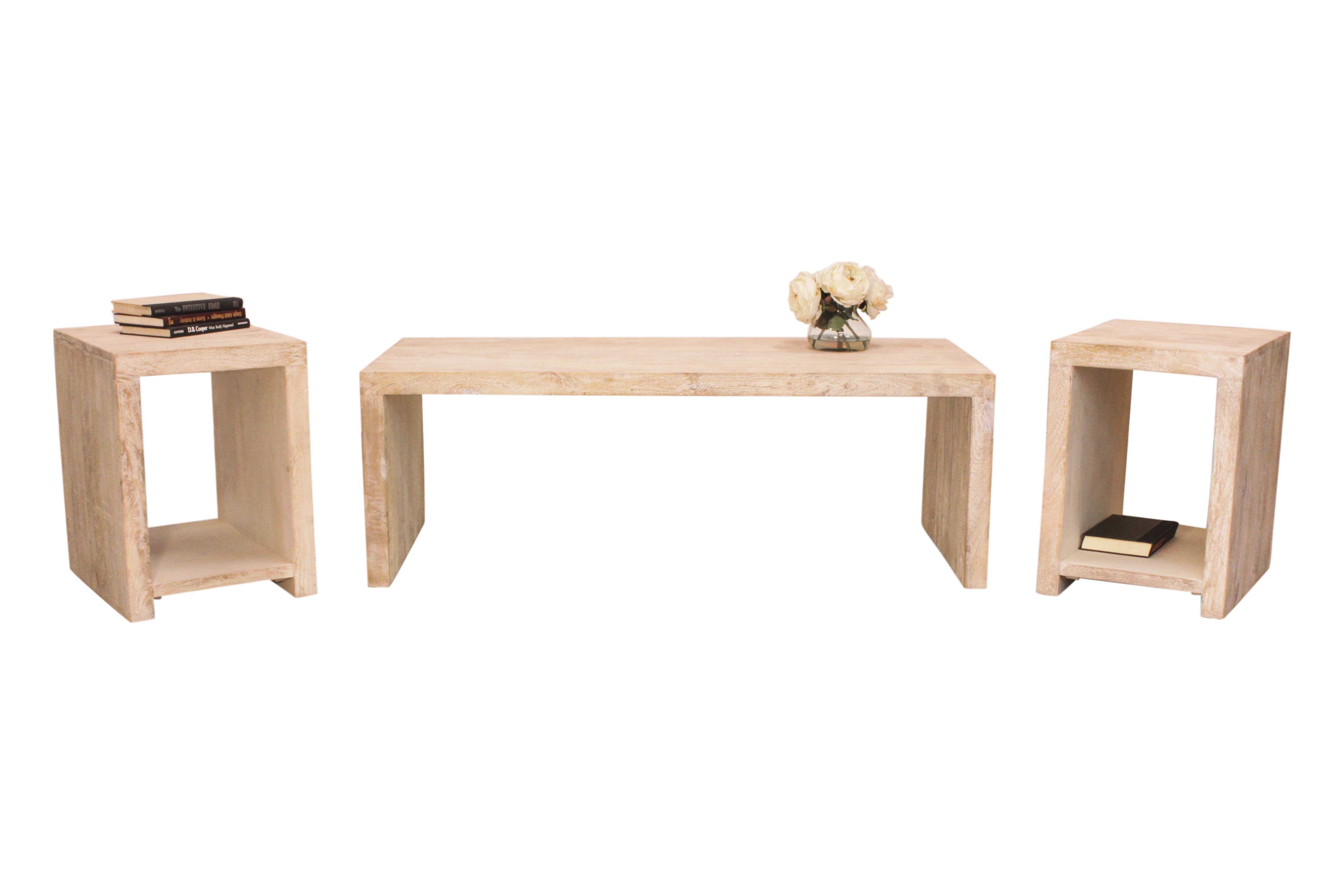 49003001 Mir Solid Wood Coffee & End Table Set, Brushed White - 3 Piece