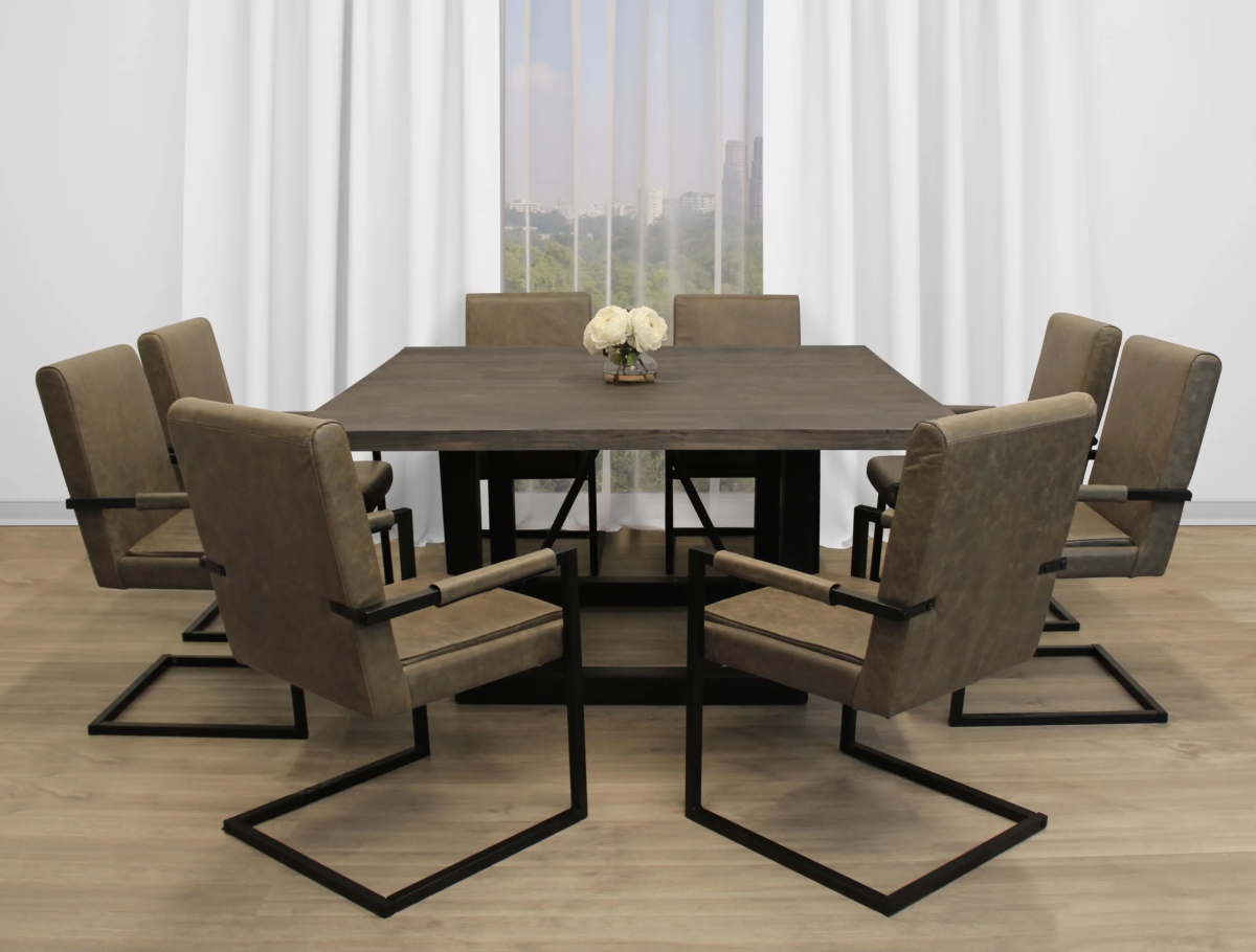 BraxtonS60-94011058-8 60 in. Dining Set with Mango Wood Top Dining Table with Lloyd Arm Chair in Leather - Gray - 9 Piece - Set of 8