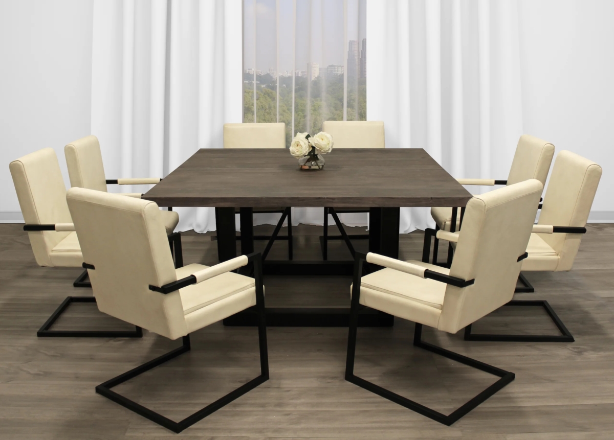 BraxtonS60-94011059-8 60 in. Dining Set with Mango Wood Top Dining Table with Lloyd Arm Chair in Leather - Ivory - 9 Piece - Set of 8