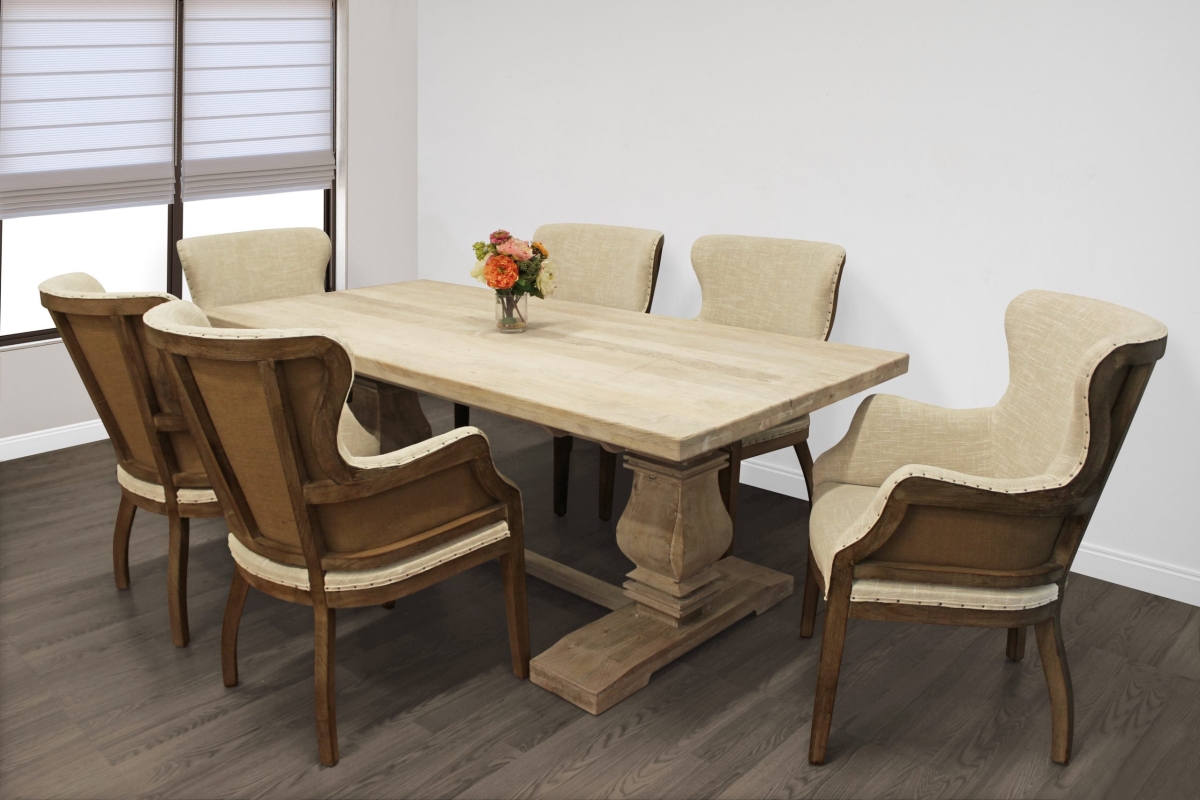 HolmesW81-88011063-6 81 in. Dining Set with Distressed White Dining Table & 6 Phelps - Natural Armchairs - 7 Piece