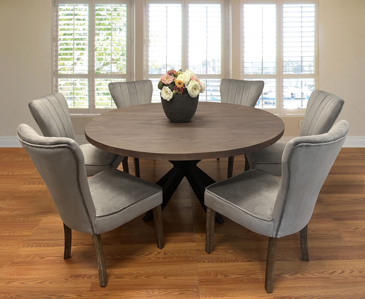 Braxton60-88011081 60 in. Dining Set with Round Dining Table & 6 Velvet Chairs - Mink - 7 Piece